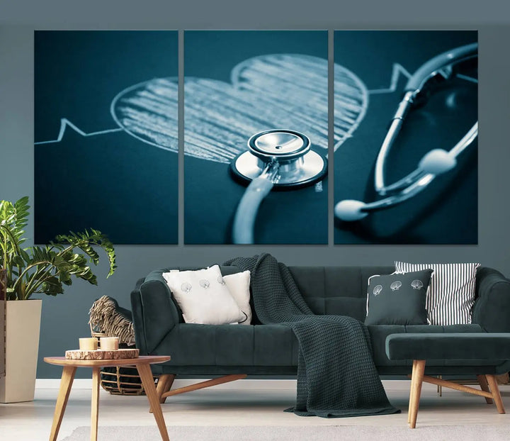 The stethoscope wall art, featuring a chalkboard heart drawing, captures the allure of museum-quality art in the "Stethoscope Wall Art Canvas Print Doctor Health Artwork Print Coastal Wall Art.