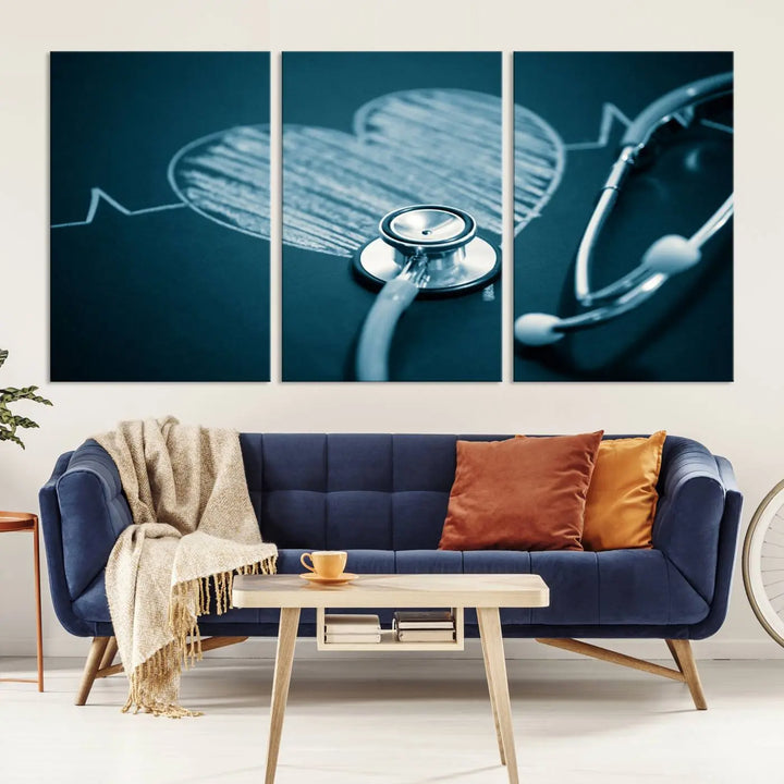 The stethoscope wall art, featuring a chalkboard heart drawing, captures the allure of museum-quality art in the "Stethoscope Wall Art Canvas Print Doctor Health Artwork Print Coastal Wall Art.