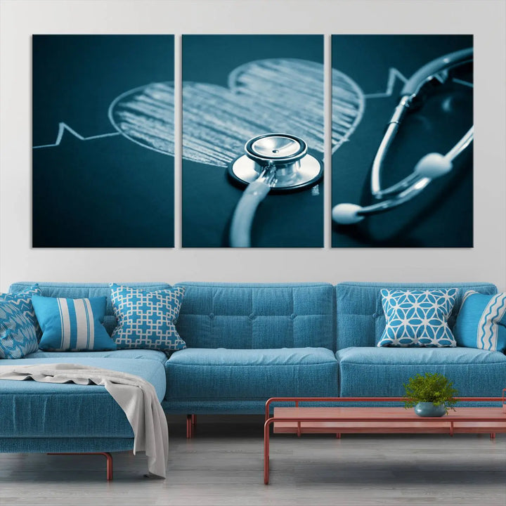 The stethoscope wall art, featuring a chalkboard heart drawing, captures the allure of museum-quality art in the "Stethoscope Wall Art Canvas Print Doctor Health Artwork Print Coastal Wall Art.