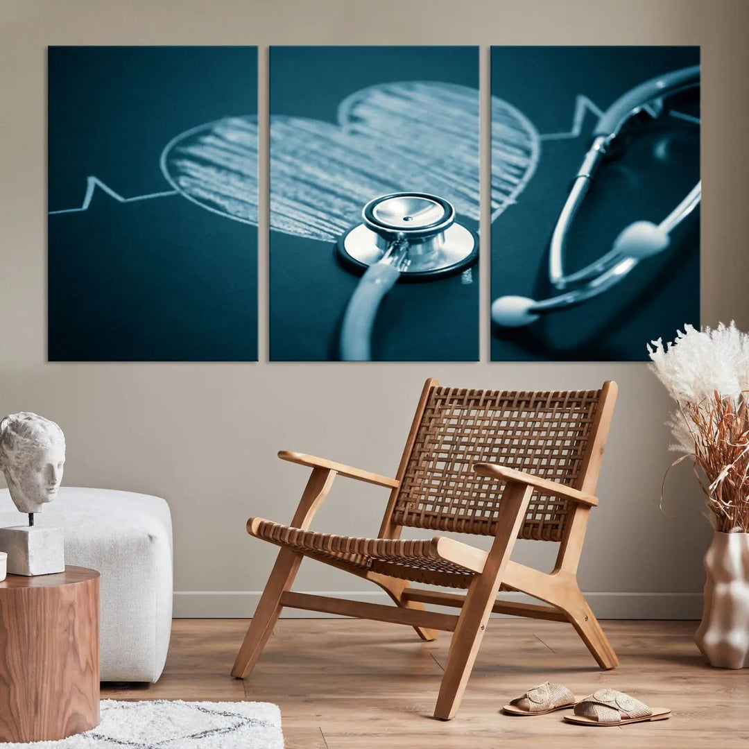 The stethoscope wall art, featuring a chalkboard heart drawing, captures the allure of museum-quality art in the "Stethoscope Wall Art Canvas Print Doctor Health Artwork Print Coastal Wall Art.