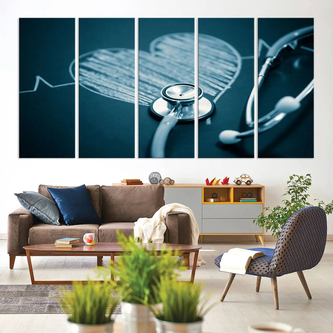 The stethoscope wall art, featuring a chalkboard heart drawing, captures the allure of museum-quality art in the "Stethoscope Wall Art Canvas Print Doctor Health Artwork Print Coastal Wall Art.