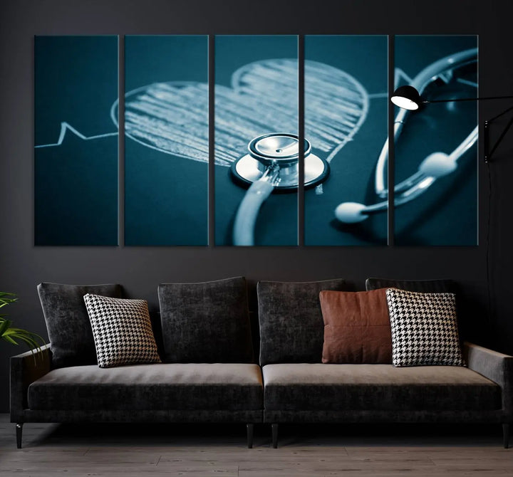 The stethoscope wall art, featuring a chalkboard heart drawing, captures the allure of museum-quality art in the "Stethoscope Wall Art Canvas Print Doctor Health Artwork Print Coastal Wall Art.