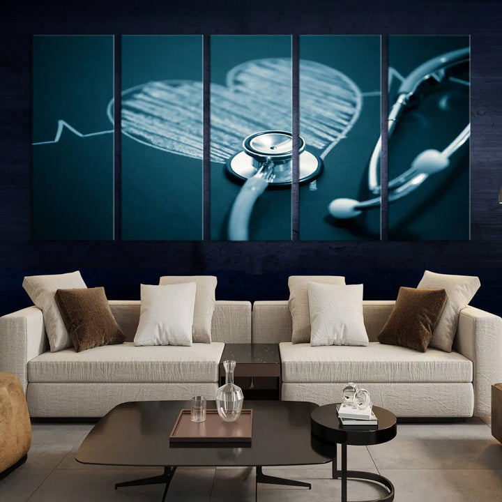 The stethoscope wall art, featuring a chalkboard heart drawing, captures the allure of museum-quality art in the "Stethoscope Wall Art Canvas Print Doctor Health Artwork Print Coastal Wall Art.