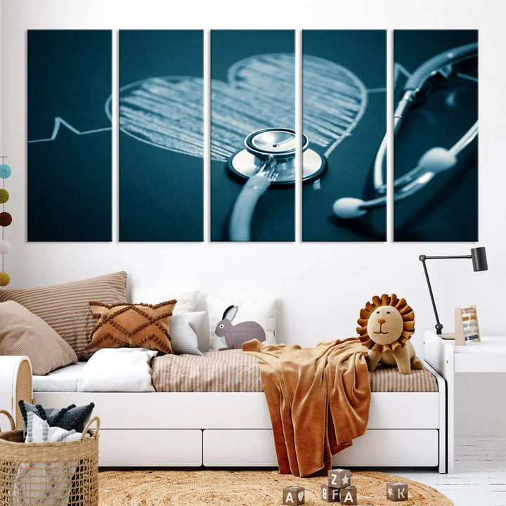 The stethoscope wall art, featuring a chalkboard heart drawing, captures the allure of museum-quality art in the "Stethoscope Wall Art Canvas Print Doctor Health Artwork Print Coastal Wall Art.