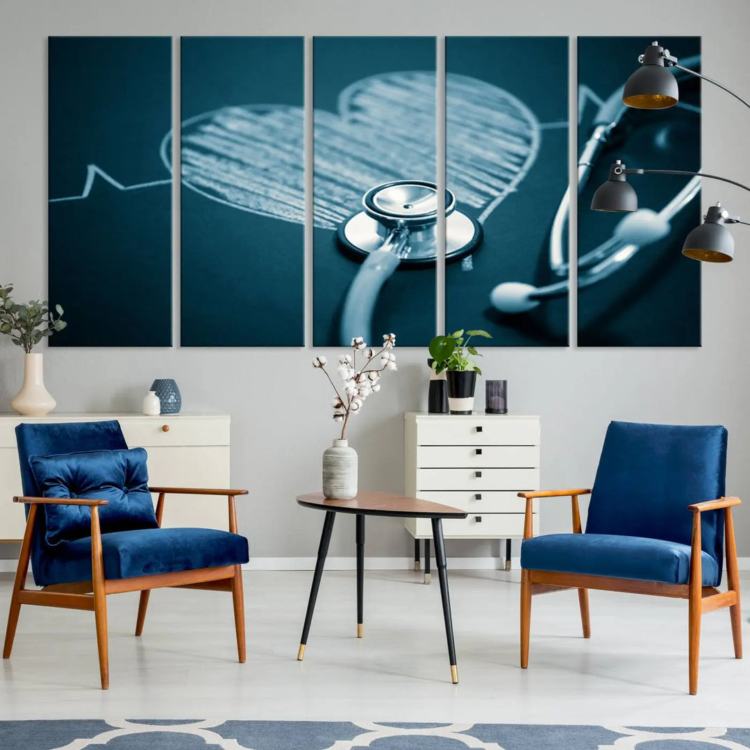 The stethoscope wall art, featuring a chalkboard heart drawing, captures the allure of museum-quality art in the "Stethoscope Wall Art Canvas Print Doctor Health Artwork Print Coastal Wall Art.