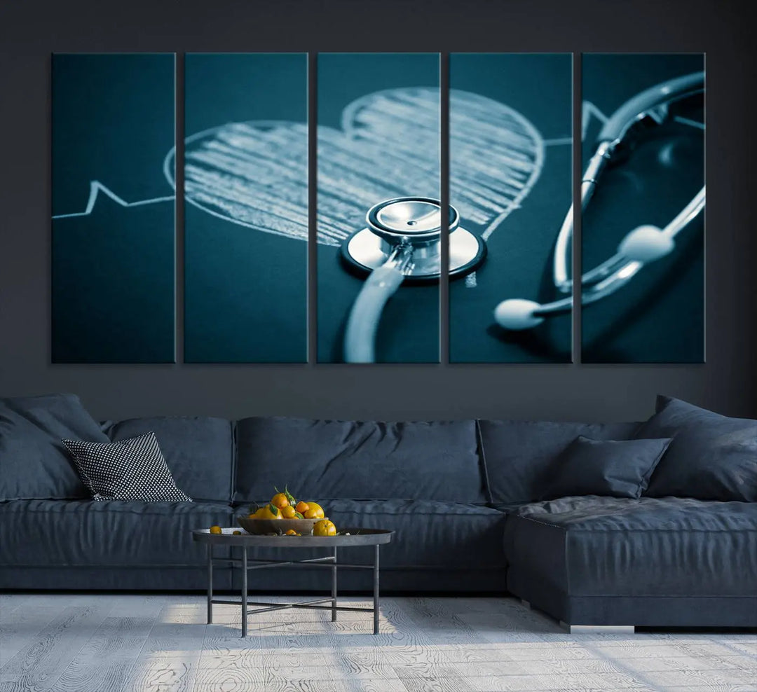 The stethoscope wall art, featuring a chalkboard heart drawing, captures the allure of museum-quality art in the "Stethoscope Wall Art Canvas Print Doctor Health Artwork Print Coastal Wall Art.