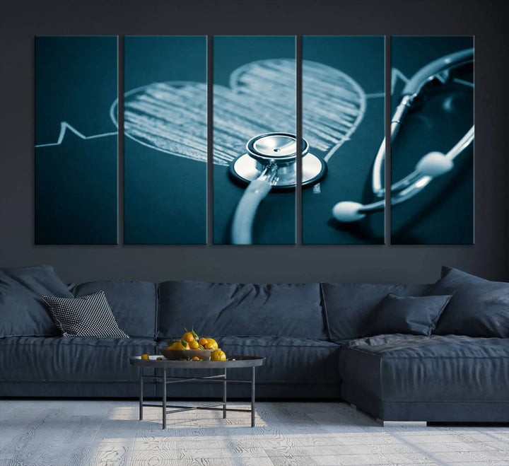 The stethoscope wall art, featuring a chalkboard heart drawing, captures the allure of museum-quality art in the "Stethoscope Wall Art Canvas Print Doctor Health Artwork Print Coastal Wall Art.