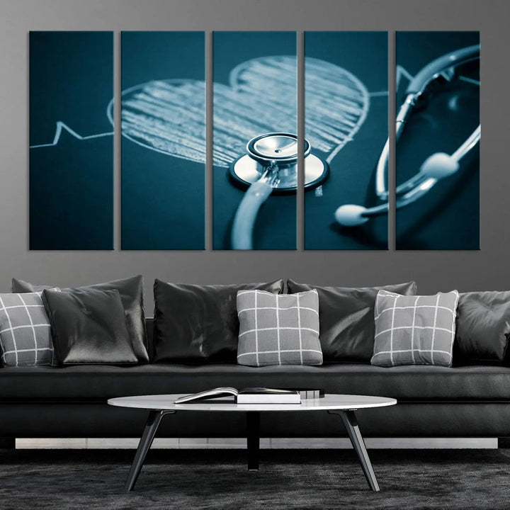 The stethoscope wall art, featuring a chalkboard heart drawing, captures the allure of museum-quality art in the "Stethoscope Wall Art Canvas Print Doctor Health Artwork Print Coastal Wall Art.