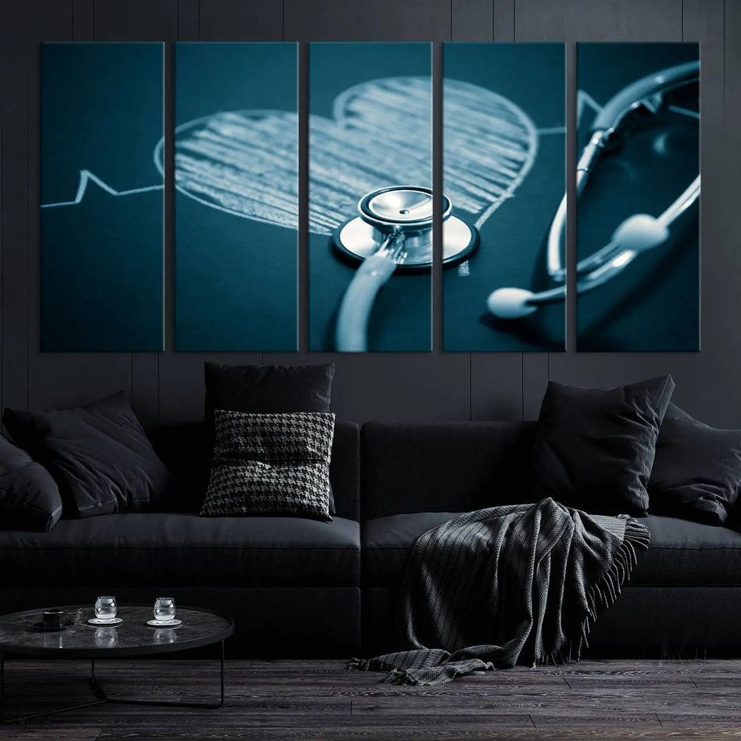 The stethoscope wall art, featuring a chalkboard heart drawing, captures the allure of museum-quality art in the "Stethoscope Wall Art Canvas Print Doctor Health Artwork Print Coastal Wall Art.