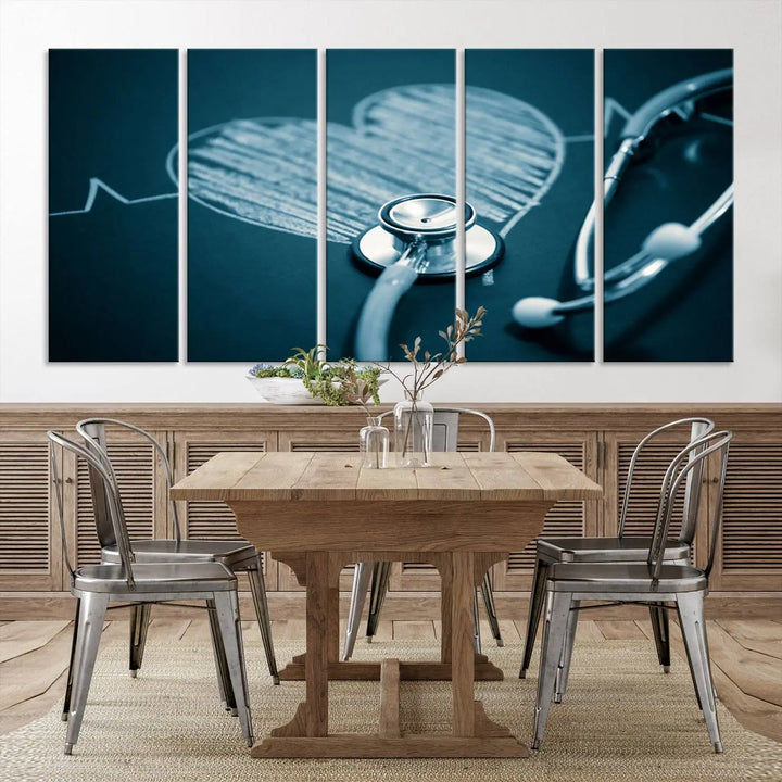 The stethoscope wall art, featuring a chalkboard heart drawing, captures the allure of museum-quality art in the "Stethoscope Wall Art Canvas Print Doctor Health Artwork Print Coastal Wall Art.