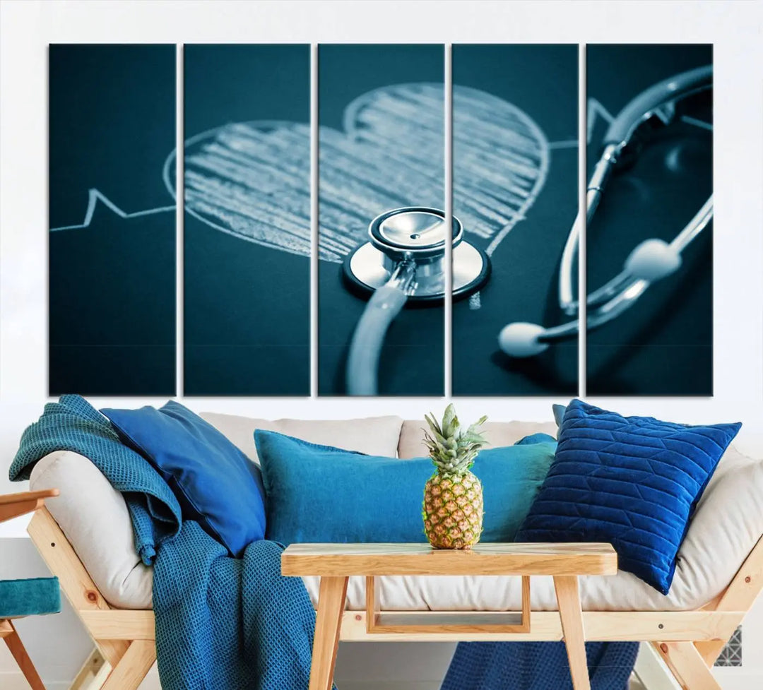 The stethoscope wall art, featuring a chalkboard heart drawing, captures the allure of museum-quality art in the "Stethoscope Wall Art Canvas Print Doctor Health Artwork Print Coastal Wall Art.