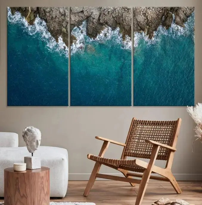 The wall is adorned with the Stone and Aerial Beach Wall Art Canvas Print, crafted by professional artisans, contributing an air of sophistication to the space.