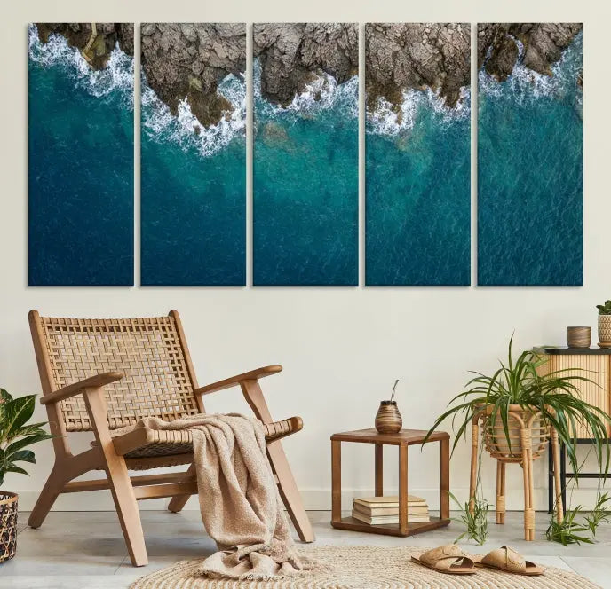 The wall is adorned with the Stone and Aerial Beach Wall Art Canvas Print, crafted by professional artisans, contributing an air of sophistication to the space.