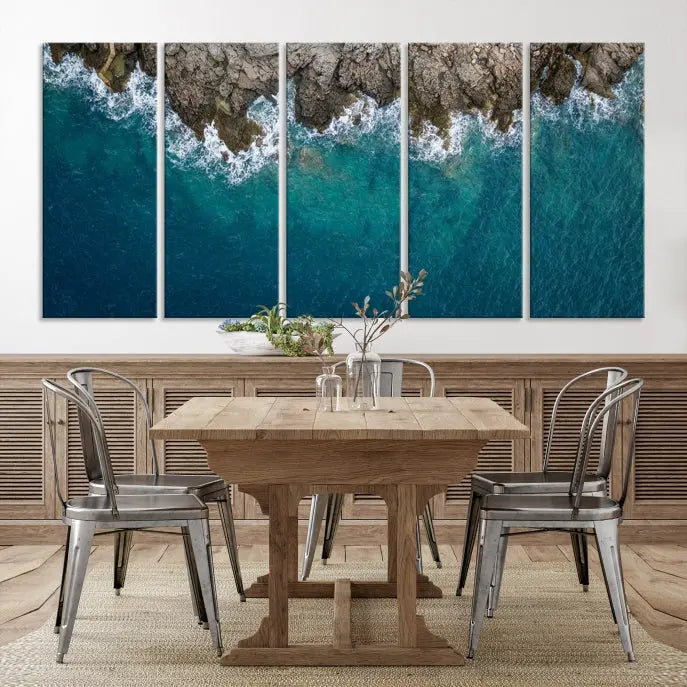 The wall is adorned with the Stone and Aerial Beach Wall Art Canvas Print, crafted by professional artisans, contributing an air of sophistication to the space.