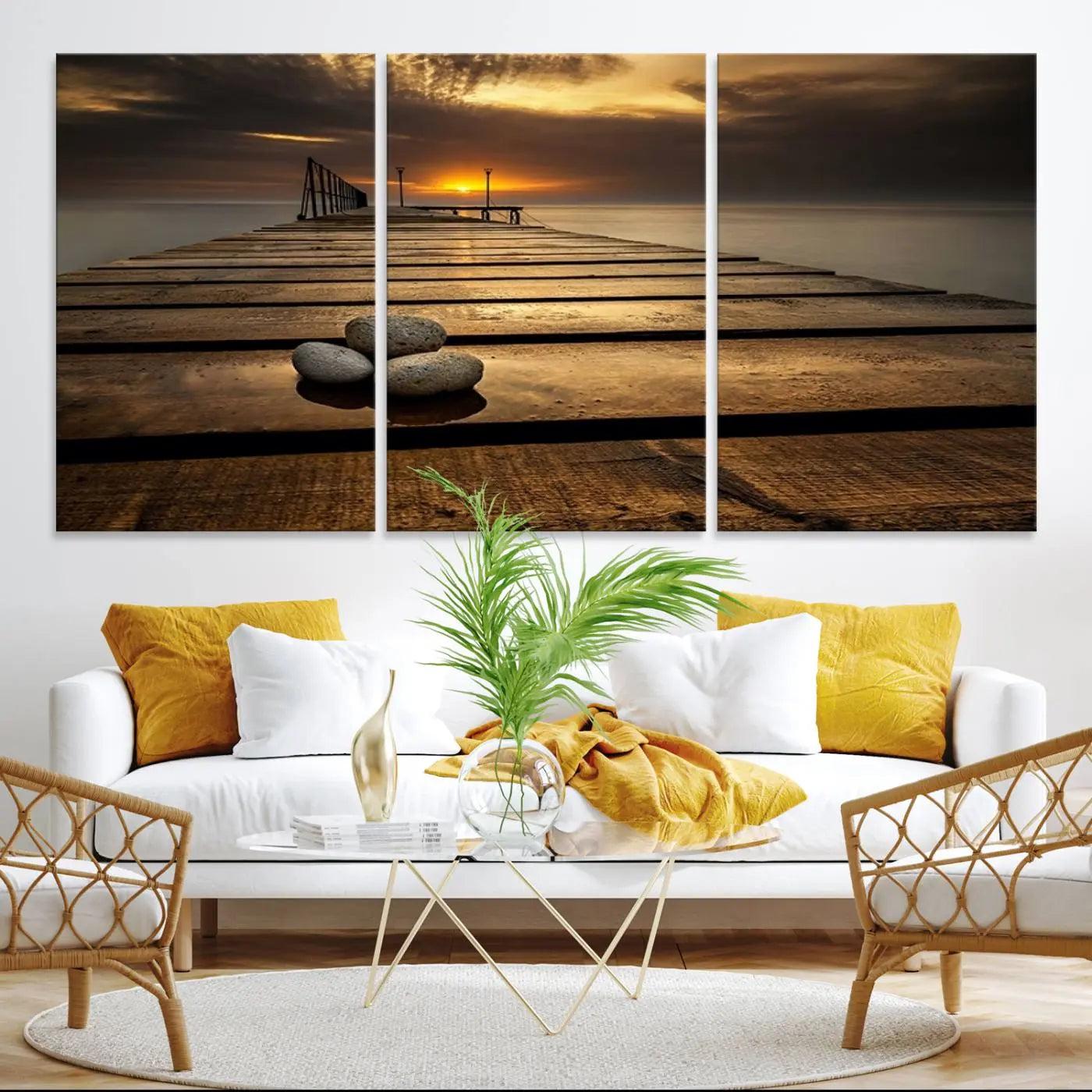 Stones on Wooden Pier at Sunset Canvas Print, Serene Coastal Wall Art, Beach Sunset Photography, Large Canvas for Living Room,