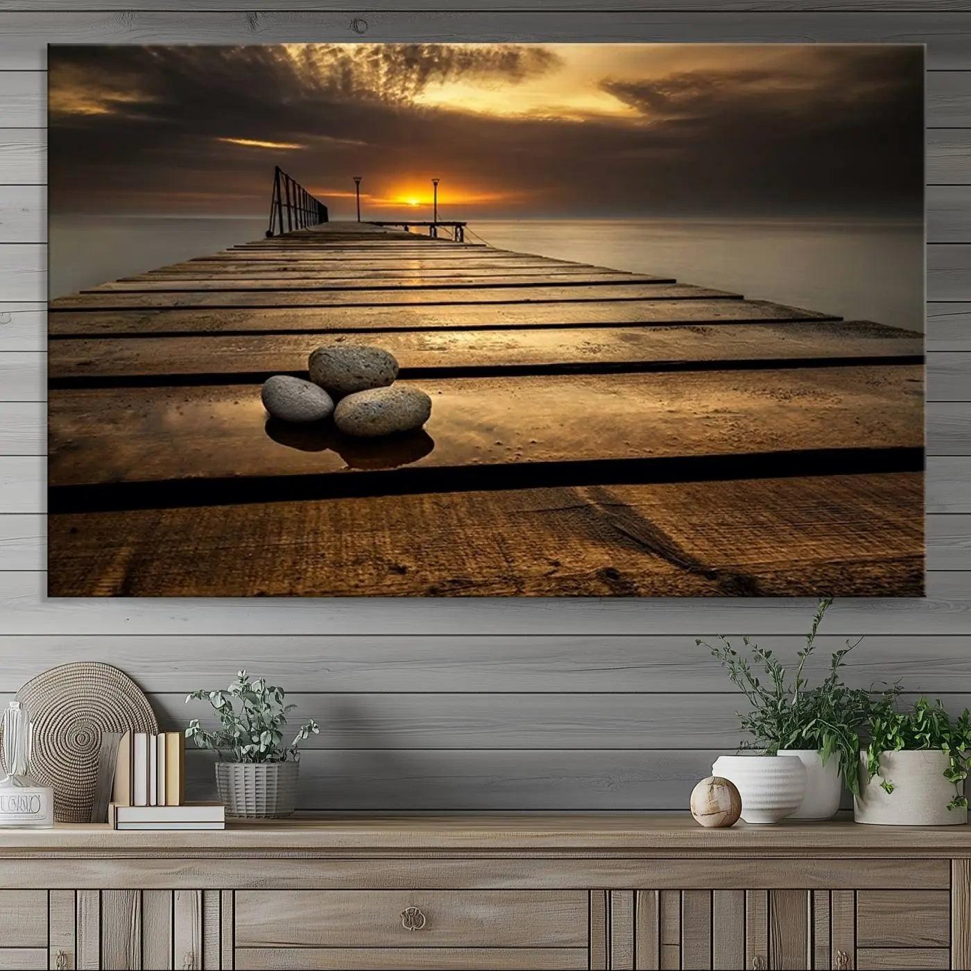 Stones on Wooden Pier at Sunset Canvas Print, Serene Coastal Wall Art, Beach Sunset Photography, Large Canvas for Living Room,