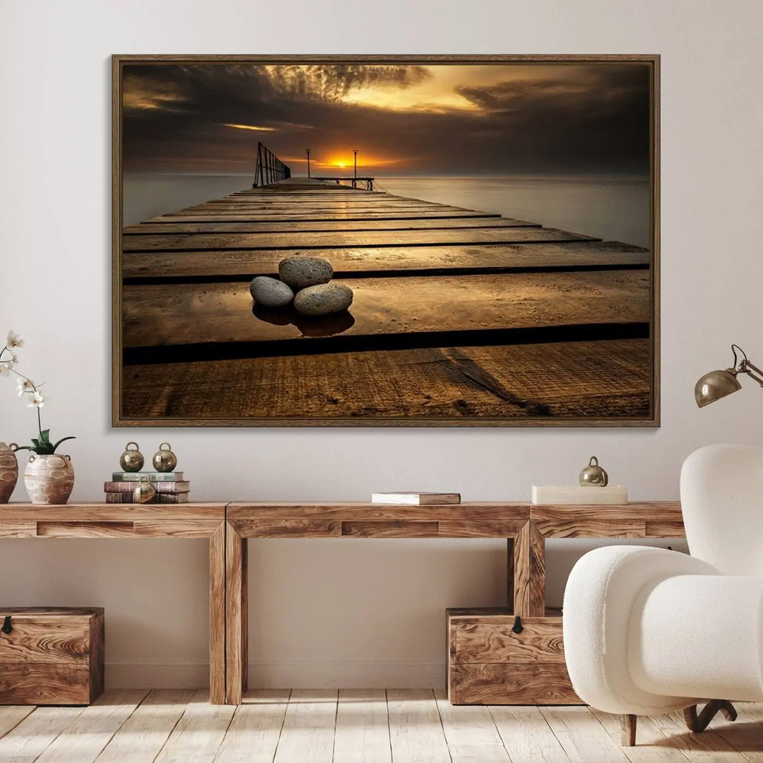 Stones on Wooden Pier at Sunset Canvas Print, Serene Coastal Wall Art, Beach Sunset Photography, Large Canvas for Living Room,