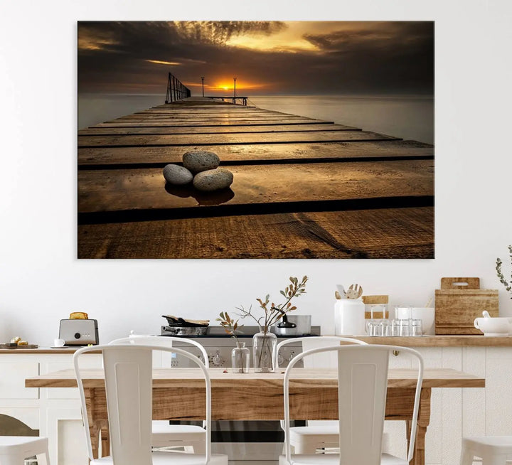 Stones on Wooden Pier at Sunset Canvas Print, Serene Coastal Wall Art, Beach Sunset Photography, Large Canvas for Living Room, Nature-Inspired Decor