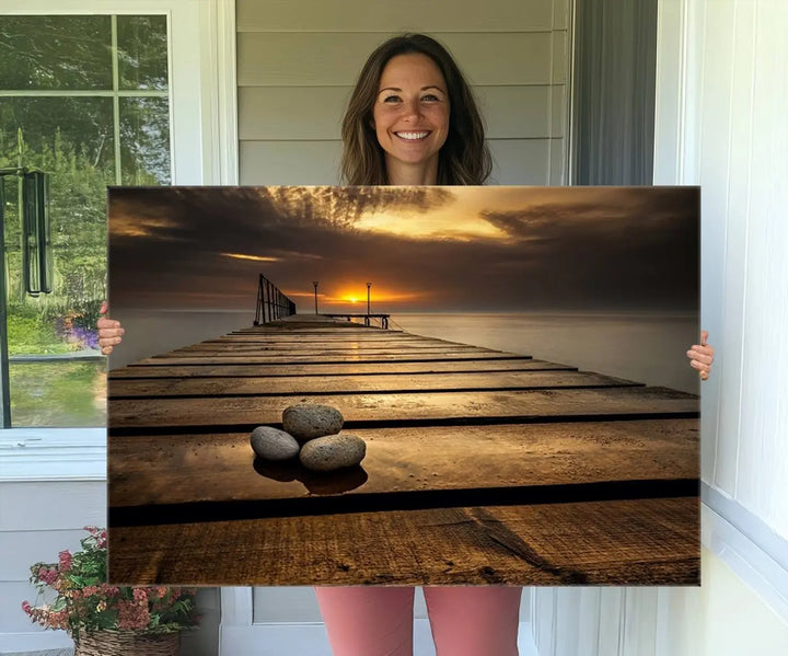 Stones on Wooden Pier at Sunset Canvas Print, Serene Coastal Wall Art, Beach Sunset Photography, Large Canvas for Living Room, Nature-Inspired Decor