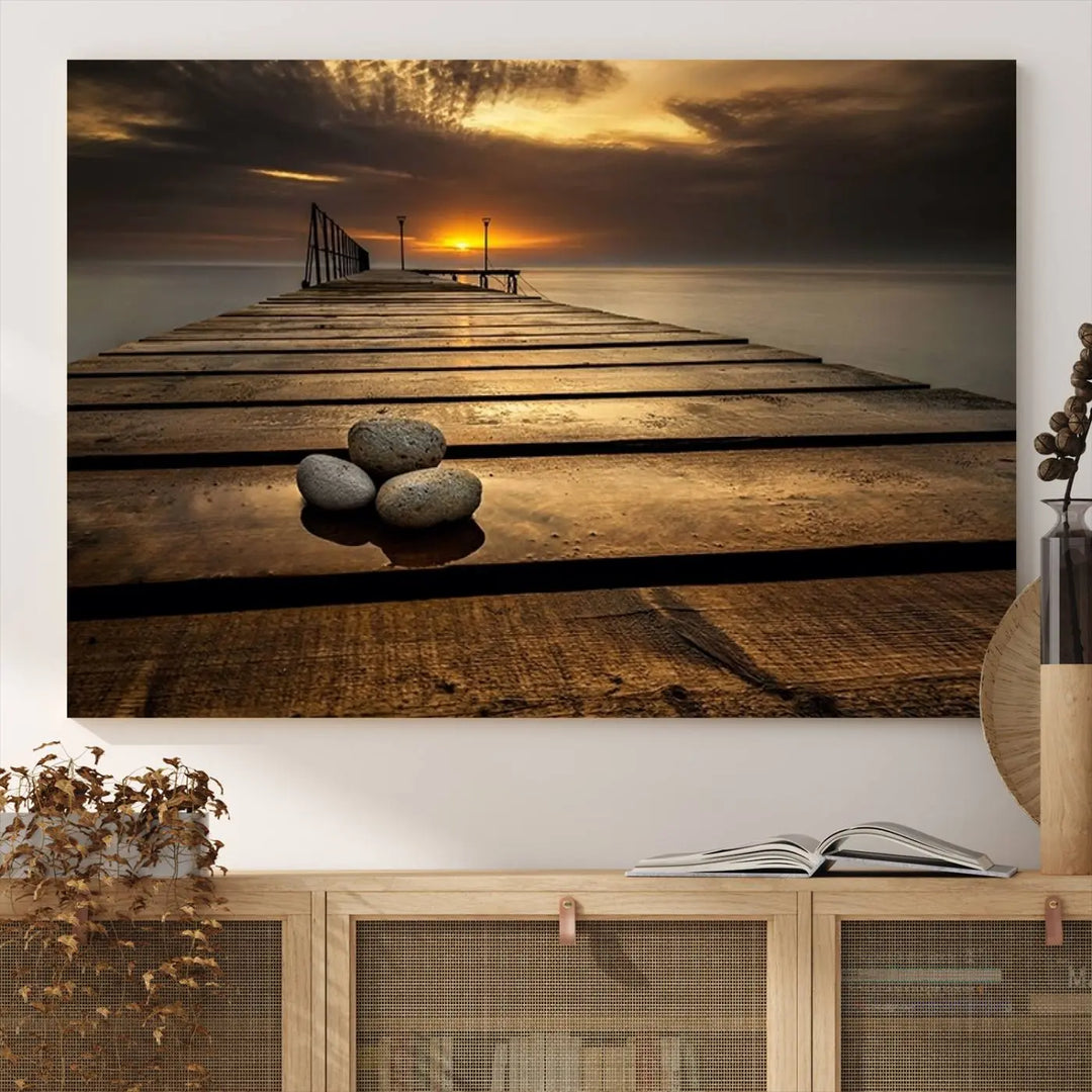 Stones on Wooden Pier at Sunset Canvas Print, Serene Coastal Wall Art, Beach Sunset Photography, Large Canvas for Living Room, Nature-Inspired Decor