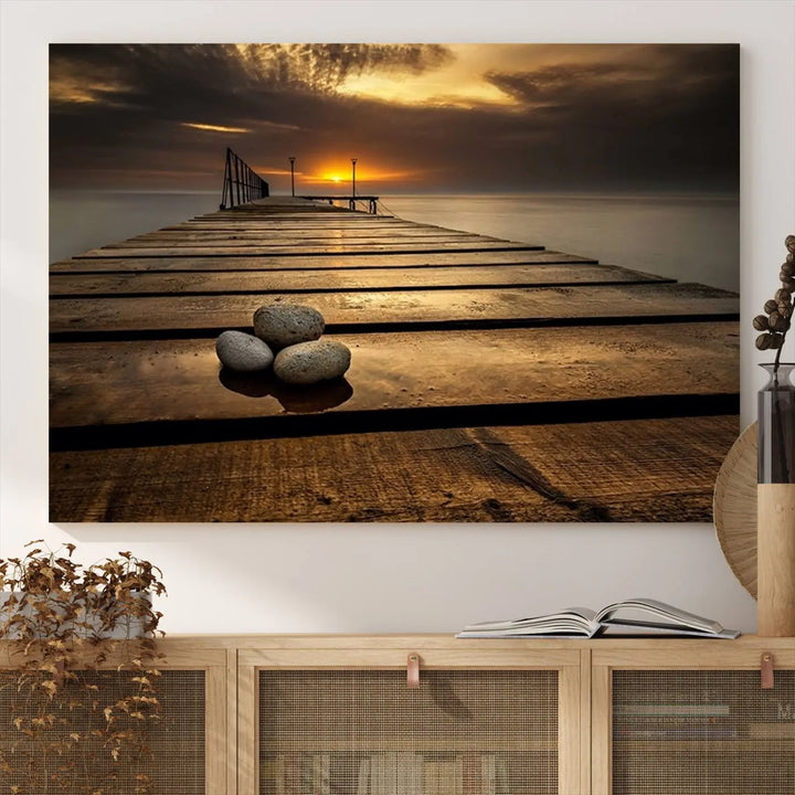Stones on Wooden Pier at Sunset Canvas Print, Serene Coastal Wall Art, Beach Sunset Photography, Large Canvas for Living Room, Nature-Inspired Decor
