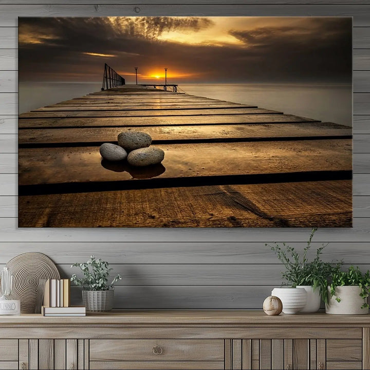 Stones on Wooden Pier at Sunset Canvas Print, Serene Coastal Wall Art, Beach Sunset Photography, Large Canvas for Living Room, Nature-Inspired Decor