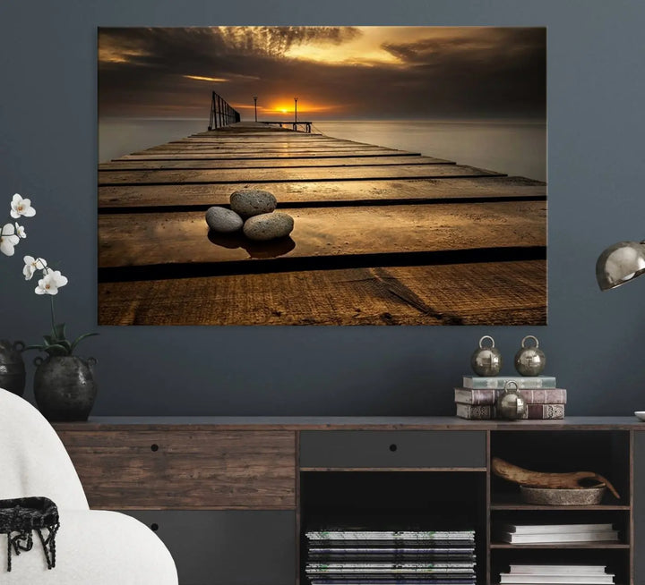 Stones on Wooden Pier at Sunset Canvas Print, Serene Coastal Wall Art, Beach Sunset Photography, Large Canvas for Living Room, Nature-Inspired Decor