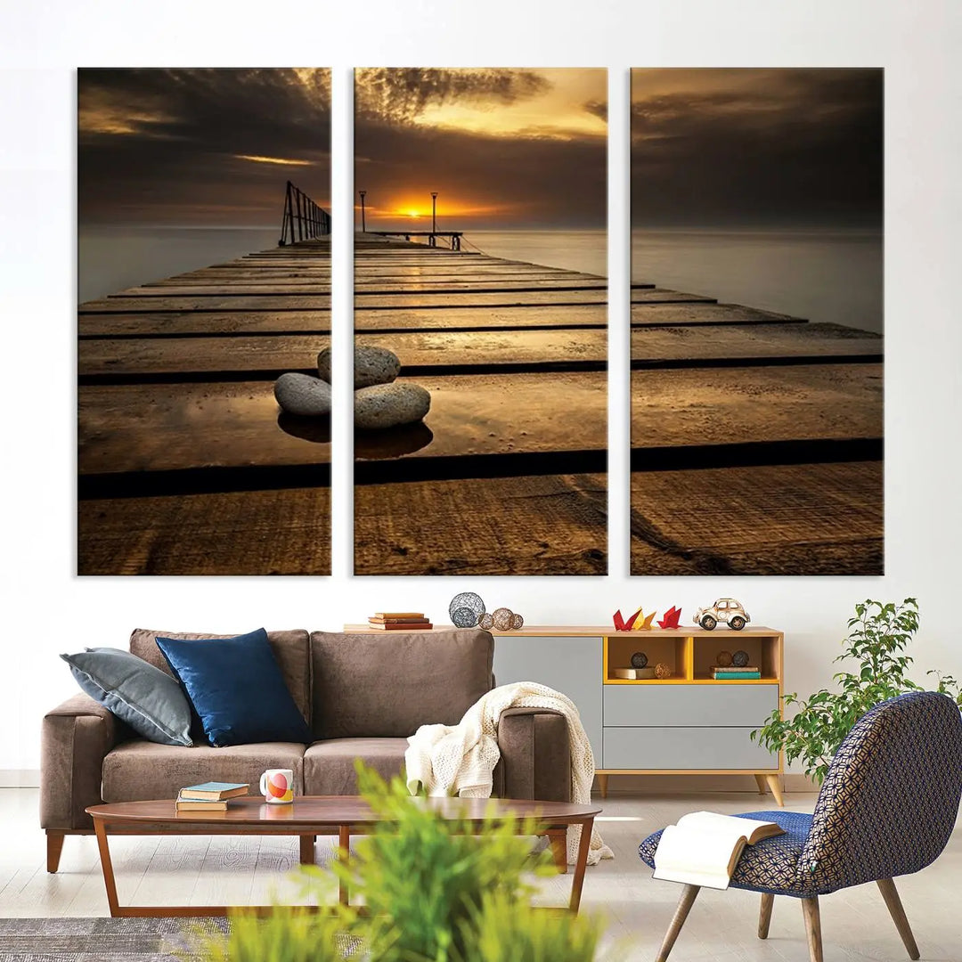 Stones on Wooden Pier at Sunset Canvas Print, Serene Coastal Wall Art, Beach Sunset Photography, Large Canvas for Living Room, Nature-Inspired Decor