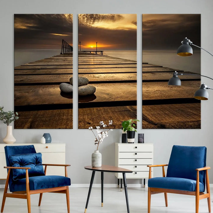 Stones on Wooden Pier at Sunset Canvas Print, Serene Coastal Wall Art, Beach Sunset Photography, Large Canvas for Living Room, Nature-Inspired Decor