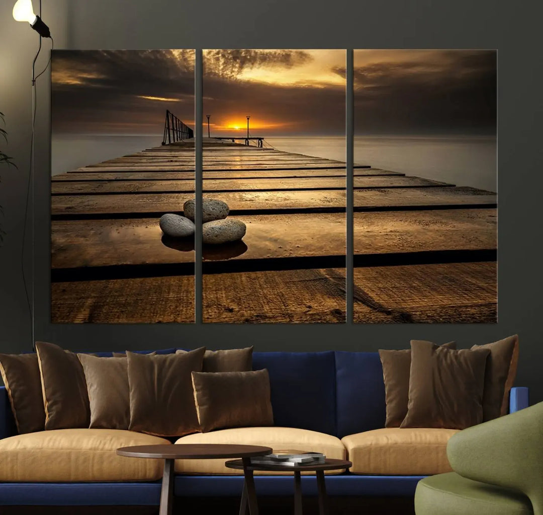 Stones on Wooden Pier at Sunset Canvas Print, Serene Coastal Wall Art, Beach Sunset Photography, Large Canvas for Living Room, Nature-Inspired Decor