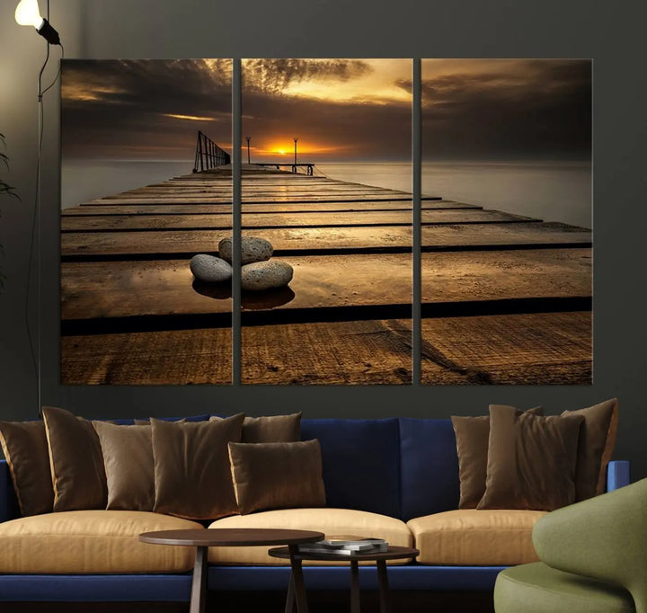 Stones on Wooden Pier at Sunset Canvas Print, Serene Coastal Wall Art, Beach Sunset Photography, Large Canvas for Living Room, Nature-Inspired Decor