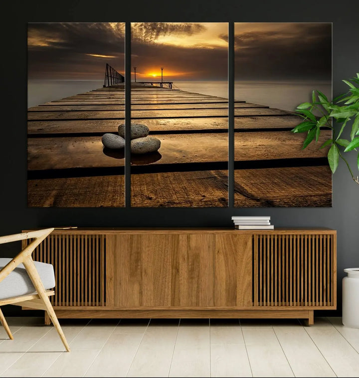 Stones on Wooden Pier at Sunset Canvas Print, Serene Coastal Wall Art, Beach Sunset Photography, Large Canvas for Living Room, Nature-Inspired Decor