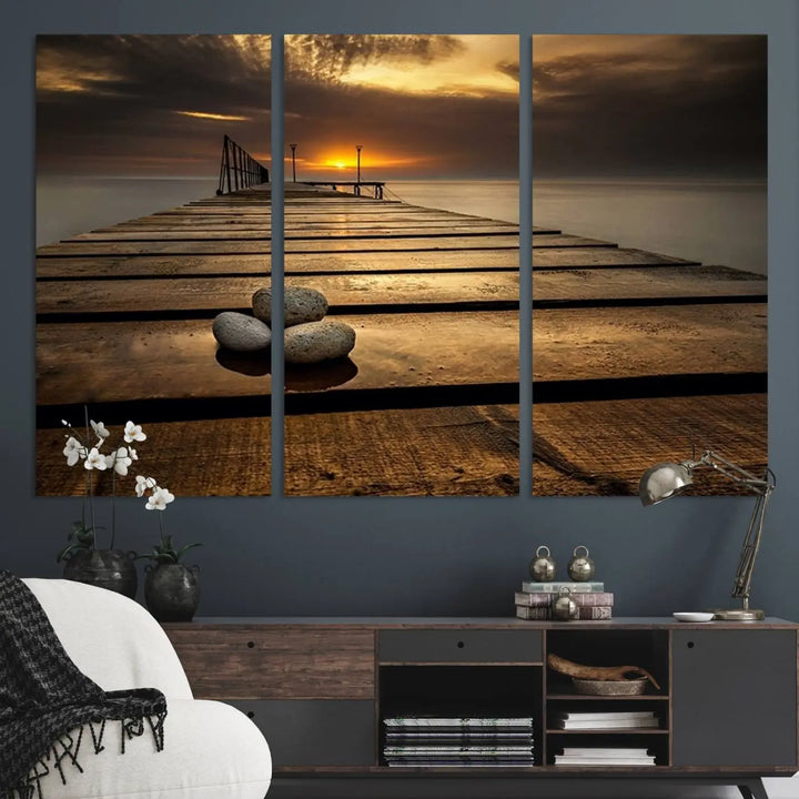 Stones on Wooden Pier at Sunset Canvas Print, Serene Coastal Wall Art, Beach Sunset Photography, Large Canvas for Living Room, Nature-Inspired Decor