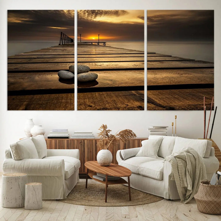 Stones on Wooden Pier at Sunset Canvas Print, Serene Coastal Wall Art, Beach Sunset Photography, Large Canvas for Living Room, Nature-Inspired Decor