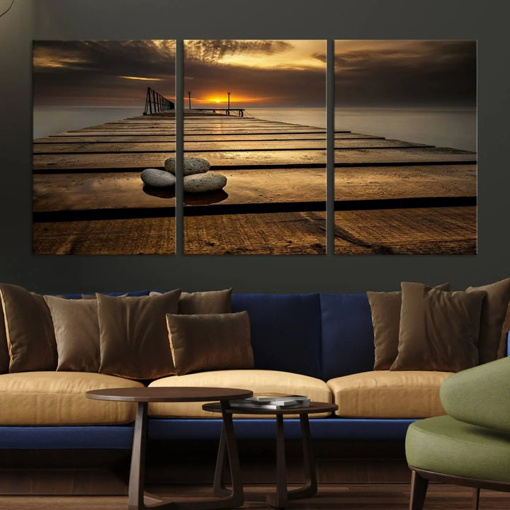 Stones on Wooden Pier at Sunset Canvas Print, Serene Coastal Wall Art, Beach Sunset Photography, Large Canvas for Living Room, Nature-Inspired Decor