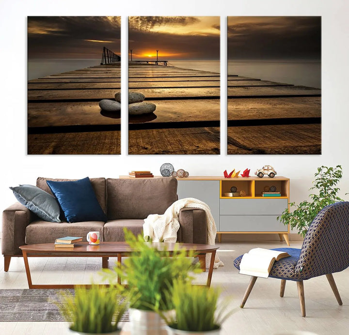 Stones on Wooden Pier at Sunset Canvas Print, Serene Coastal Wall Art, Beach Sunset Photography, Large Canvas for Living Room, Nature-Inspired Decor