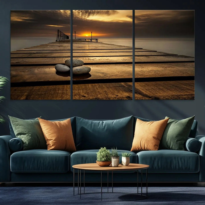 Stones on Wooden Pier at Sunset Canvas Print, Serene Coastal Wall Art, Beach Sunset Photography, Large Canvas for Living Room, Nature-Inspired Decor