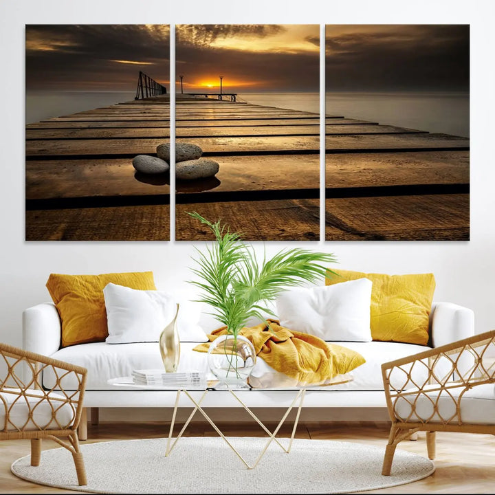 Stones on Wooden Pier at Sunset Canvas Print, Serene Coastal Wall Art, Beach Sunset Photography, Large Canvas for Living Room, Nature-Inspired Decor