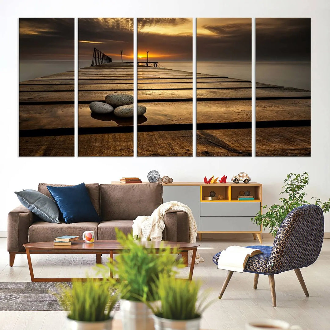 Stones on Wooden Pier at Sunset Canvas Print, Serene Coastal Wall Art, Beach Sunset Photography, Large Canvas for Living Room, Nature-Inspired Decor