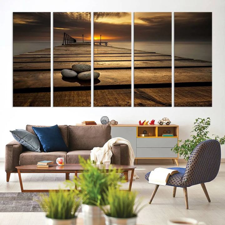 Stones on Wooden Pier at Sunset Canvas Print, Serene Coastal Wall Art, Beach Sunset Photography, Large Canvas for Living Room, Nature-Inspired Decor