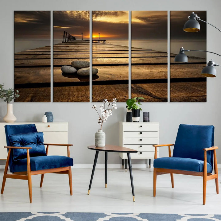 Stones on Wooden Pier at Sunset Canvas Print, Serene Coastal Wall Art, Beach Sunset Photography, Large Canvas for Living Room, Nature-Inspired Decor