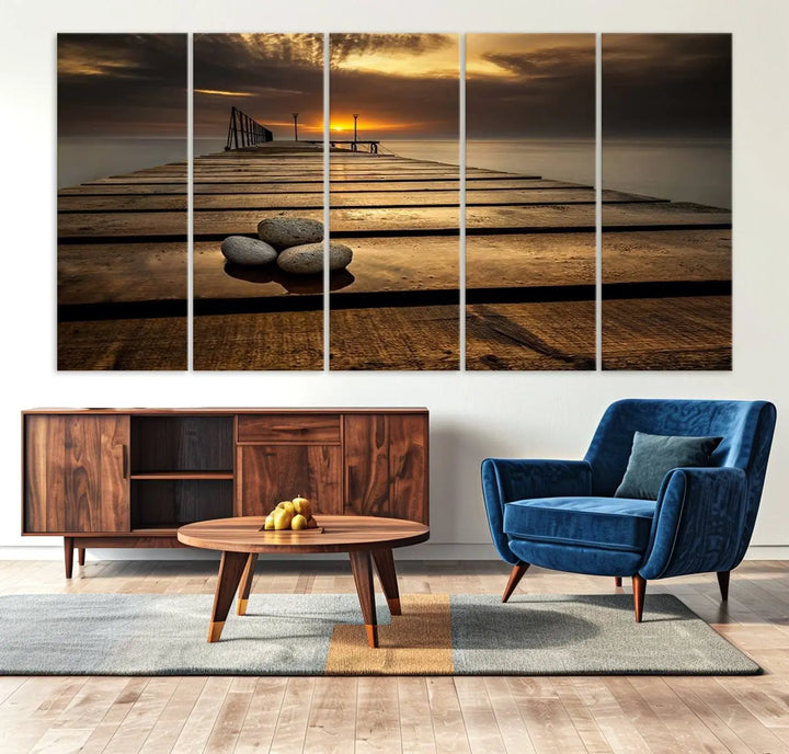 Stones on Wooden Pier at Sunset Canvas Print, Serene Coastal Wall Art, Beach Sunset Photography, Large Canvas for Living Room, Nature-Inspired Decor
