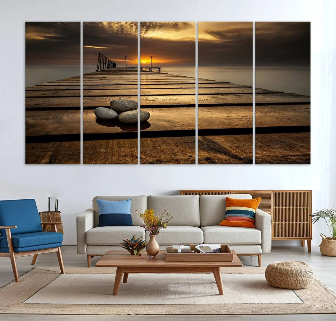 Stones on Wooden Pier at Sunset Canvas Print, Serene Coastal Wall Art, Beach Sunset Photography, Large Canvas for Living Room, Nature-Inspired Decor