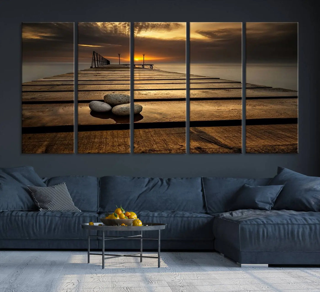 Stones on Wooden Pier at Sunset Canvas Print, Serene Coastal Wall Art, Beach Sunset Photography, Large Canvas for Living Room, Nature-Inspired Decor