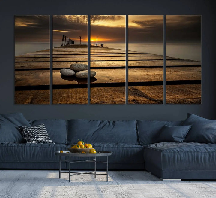 Stones on Wooden Pier at Sunset Canvas Print, Serene Coastal Wall Art, Beach Sunset Photography, Large Canvas for Living Room, Nature-Inspired Decor