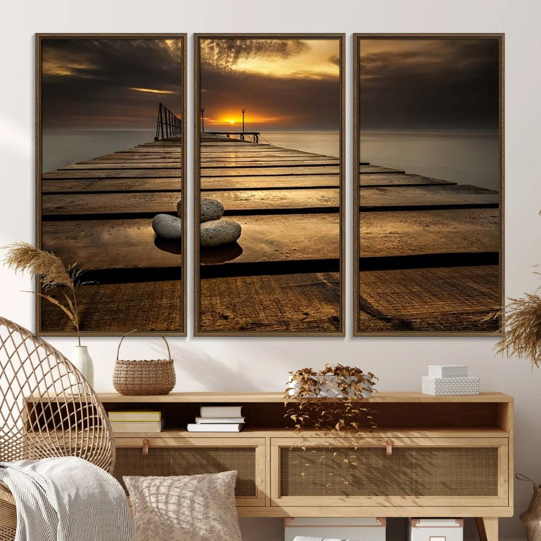 A Stones on Wooden Pier at Sunset canvas print featuring serene coastal art.