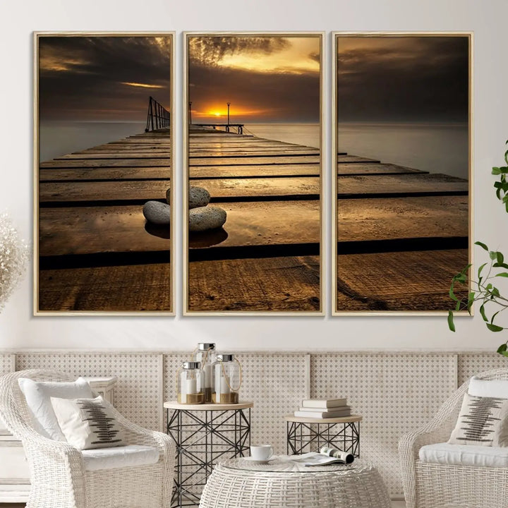 A Stones on Wooden Pier at Sunset canvas print featuring serene coastal art.