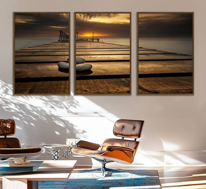 A Stones on Wooden Pier at Sunset canvas print featuring serene coastal art.