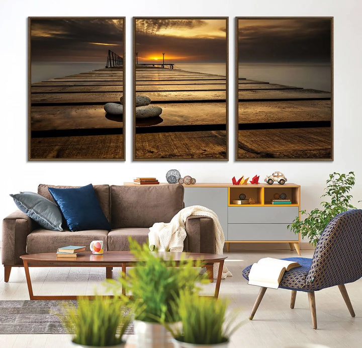 A Stones on Wooden Pier at Sunset canvas print featuring serene coastal art.