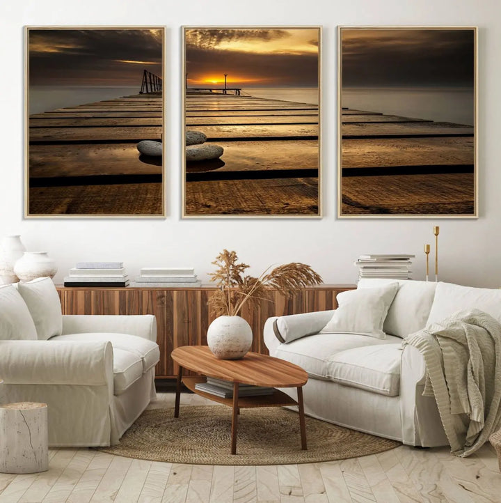 A Stones on Wooden Pier at Sunset canvas print featuring serene coastal art.